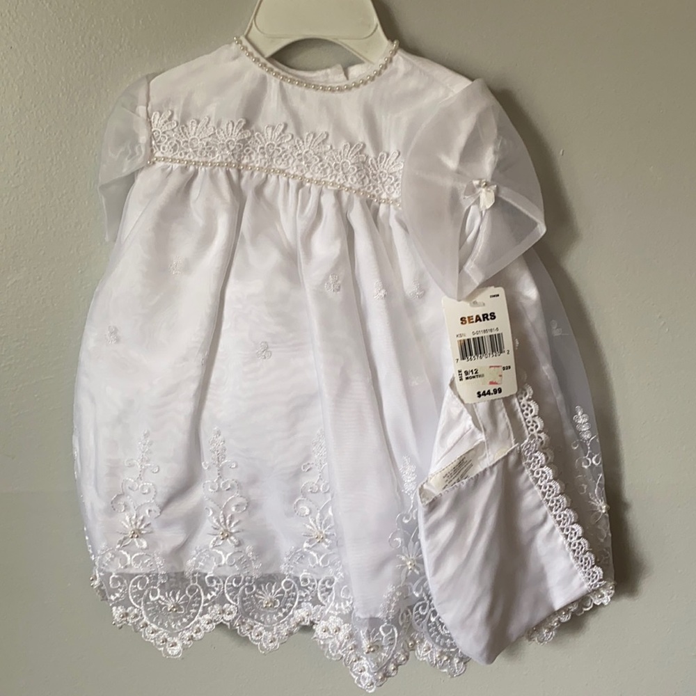 White Dress 9/12 months with bonnet